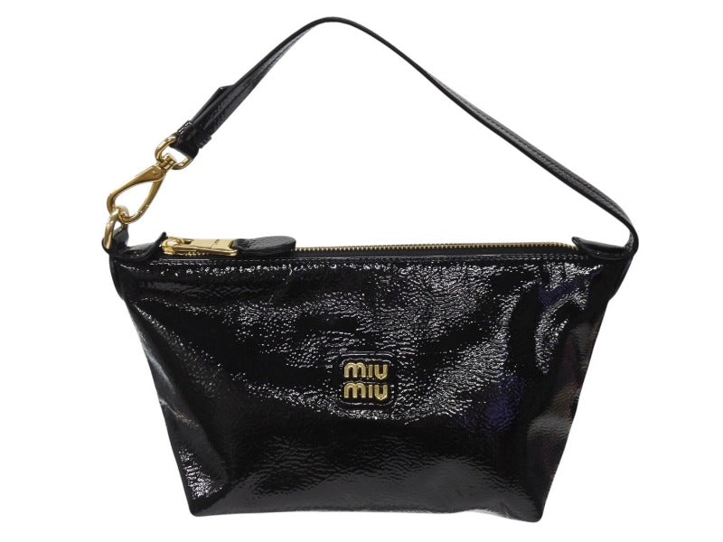 極美品 MIUMIU ミュウミュウ ハンドバッグ ポーチ ショルダーバッグ ワンハンドル パテントレザー ブラック ゴールド金具 中古 4b004445