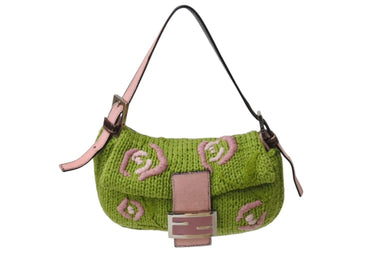 FENDI フェンディ ワンショルダーバッグ ハンドバッグ マンマバケット ニット ハラコ ピンク グリーン シルバー金具 美品 中古 4b004459