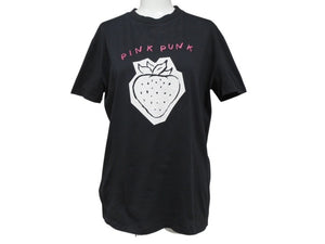 極美品 MIUMIU ミュウミュウ いちご pink punk ロゴ 半袖Ｔシャツ MJN168 コットン ブラック サイズXS 中古 4b004471