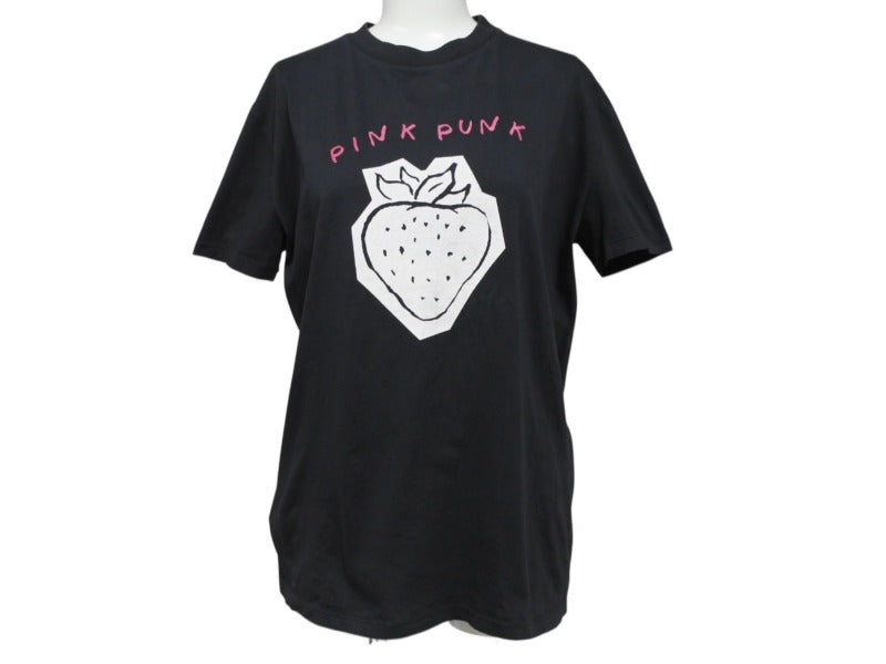 極美品 MIUMIU ミュウミュウ いちご pink punk ロゴ 半袖Ｔシャツ MJN168 コットン ブラック サイズXS 中古 4b004471