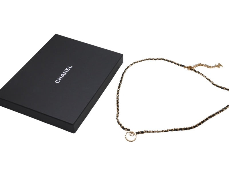 新品未使用 CHANEL シャネル チェーンネックレス ABC578 重量約65.3g B24C刻印 ココマーク レザー メタル ゴールド ブラック 中古 4b004482