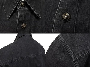 極美品 CHROME HEARTS クロムハーツ デニム長袖シャツ サイズS クロスボールボタン CHクロスパッチ 2パッチ 2025年新作 ブラック 中古 4b004493