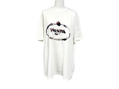 極美品 PRADA プラダ 18AW 半袖Tシャツ UJN555 サイズXL ホワイト プリント コットン ポリエステル 刺繍 中古 4b004524