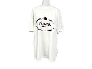 極美品 PRADA プラダ 18AW 半袖Tシャツ UJN555 サイズXL ホワイト プリント コットン ポリエステル 刺繍 中古 4b004524
