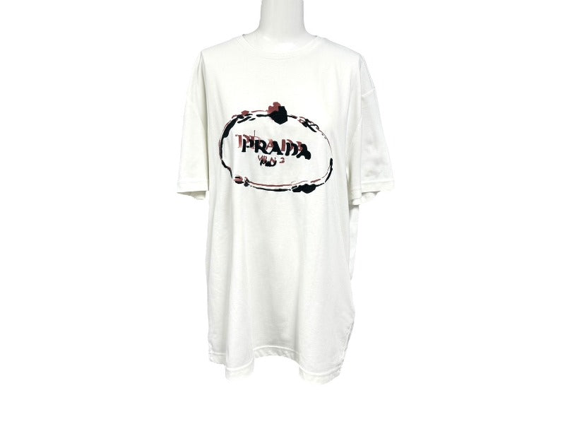 極美品 PRADA プラダ 18AW 半袖Tシャツ UJN555 サイズXL ホワイト プリント コットン ポリエステル 刺繍 中古 4b004524