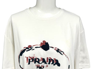極美品 PRADA プラダ 18AW 半袖Tシャツ UJN555 サイズXL ホワイト プリント コットン ポリエステル 刺繍 中古 4b004524
