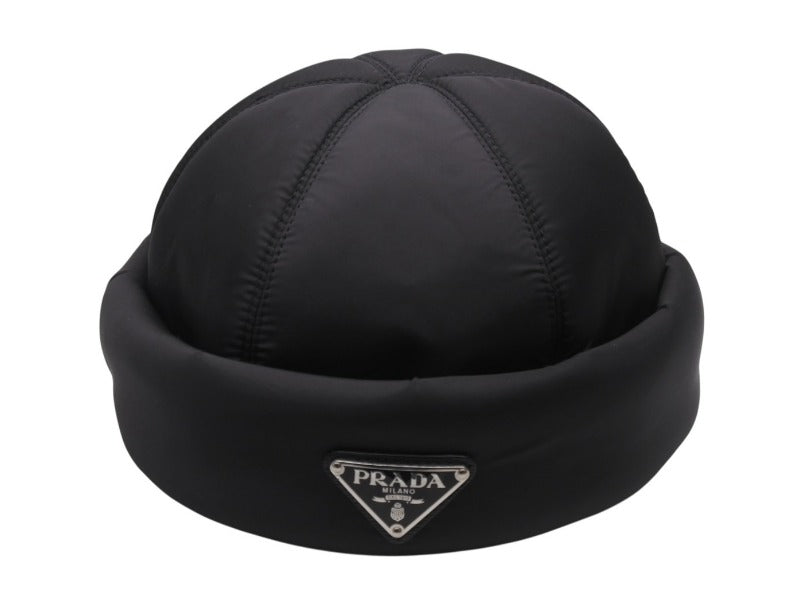 極美品 PRADA プラダ ロゴプレート フィッシャーマン キャップ 帽子 2HC168 ナイロン ブラック シルバー金具 サイズXL 中古 4b004548