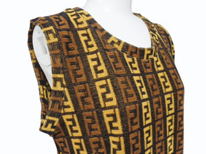 極美品 FENDI フェンディ ズッカ柄 パイルノースリーブワンピース ブラウンコットンナイロン柄総柄 サイズ44 中古ロゴ 4b004551 