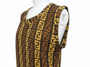 極美品 FENDI フェンディ ズッカ柄 パイルノースリーブワンピース ブラウンコットンナイロン柄総柄 サイズ44 中古ロゴ 4b004551 