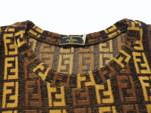 極美品 FENDI フェンディ ズッカ柄 パイルノースリーブワンピース ブラウンコットンナイロン柄総柄 サイズ44 中古ロゴ 4b004551 