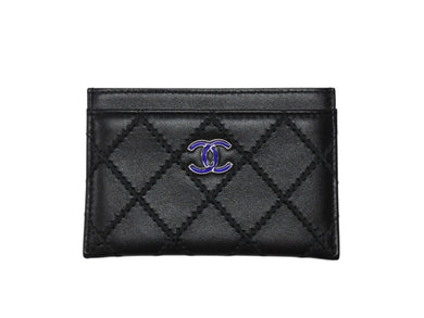 極美品 CHANEL シャネル ココマーク カードケース 29番台 イタリア製 ラムスキン ブラック ブルー シルバー金具 中古 4b004555