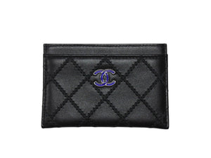 極美品 CHANEL シャネル ココマーク カードケース 29番台 イタリア製 ラムスキン ブラック ブルー シルバー金具 中古 4b004555