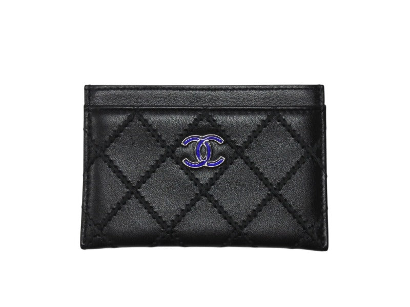 極美品 CHANEL シャネル ココマーク カードケース 29番台 イタリア製 ラムスキン ブラック ブルー シルバー金具 中古 4b004555