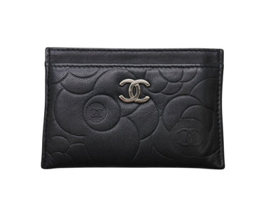 CHANEL シャネル カメリア カードケース 名刺入れ パスケース ココマーク 15番台 ラムスキン ブラック シルバー金具 美品 中古 4b004559