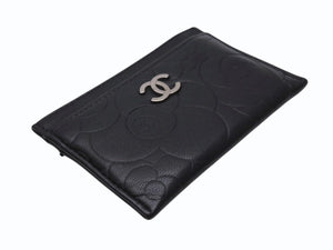 CHANEL シャネル カメリア カードケース 名刺入れ パスケース ココマーク 15番台 ラムスキン ブラック シルバー金具 美品 中古 4b004559