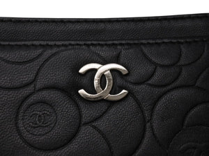 CHANEL シャネル カメリア カードケース 名刺入れ パスケース ココマーク 15番台 ラムスキン ブラック シルバー金具 美品 中古 4b004559