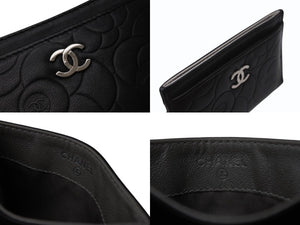 CHANEL シャネル カメリア カードケース 名刺入れ パスケース ココマーク 15番台 ラムスキン ブラック シルバー金具 美品 中古 4b004559