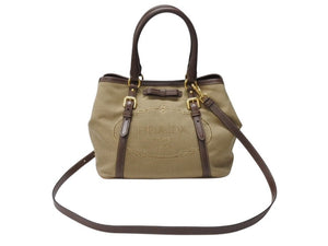 極美品 PRADA プラダ 2WAY ハンドバッグ ショルダーバッグ BN1841 ジャガード レザー ベージュ ブラウン ゴールド金具 中古 4b004562