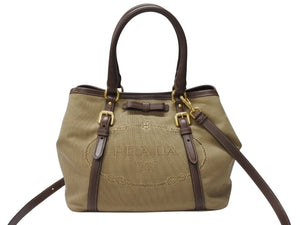 極美品 PRADA プラダ 2WAY ハンドバッグ ショルダーバッグ BN1841 ジャガード レザー ベージュ ブラウン ゴールド金具 中古 4b004562