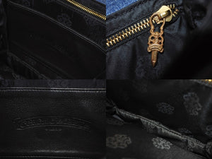極美品 CHROME HEARTS クロムハーツ GROW UP スモールCHクロス ブロンズ デニム ハンドバッグ レザー シルバー925 ブルー 中古 4b004586