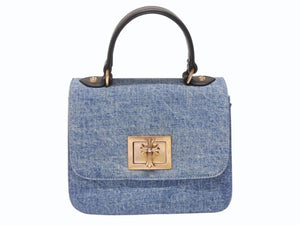 極美品 CHROME HEARTS クロムハーツ GROW UP スモールCHクロス ブロンズ デニム ハンドバッグ レザー シルバー925 ブルー 中古 4b004586