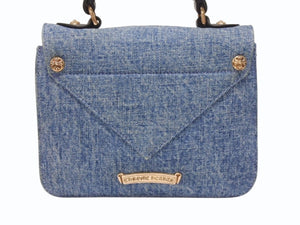 極美品 CHROME HEARTS クロムハーツ GROW UP スモールCHクロス ブロンズ デニム ハンドバッグ レザー シルバー925 ブルー 中古 4b004586