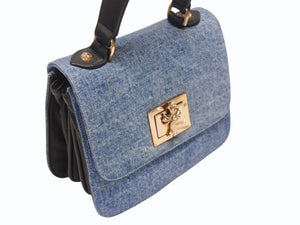 極美品 CHROME HEARTS クロムハーツ GROW UP スモールCHクロス ブロンズ デニム ハンドバッグ レザー シルバー925 ブルー 中古 4b004586