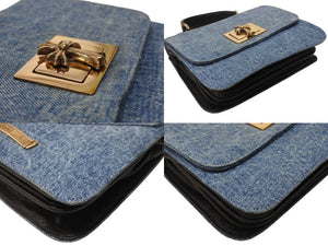 極美品 CHROME HEARTS クロムハーツ GROW UP スモールCHクロス ブロンズ デニム ハンドバッグ レザー シルバー925 ブルー 中古 4b004586