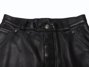 極美品 CHROME HEARTS クロムハーツ フレアニー レザーカーペンターパンツ サイズ31 クロスボールボタン ゴートレザー ブラック 中古 4b004590
