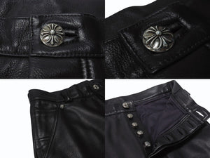 極美品 CHROME HEARTS クロムハーツ フレアニー レザーカーペンターパンツ サイズ31 クロスボールボタン ゴートレザー ブラック 中古 4b004590