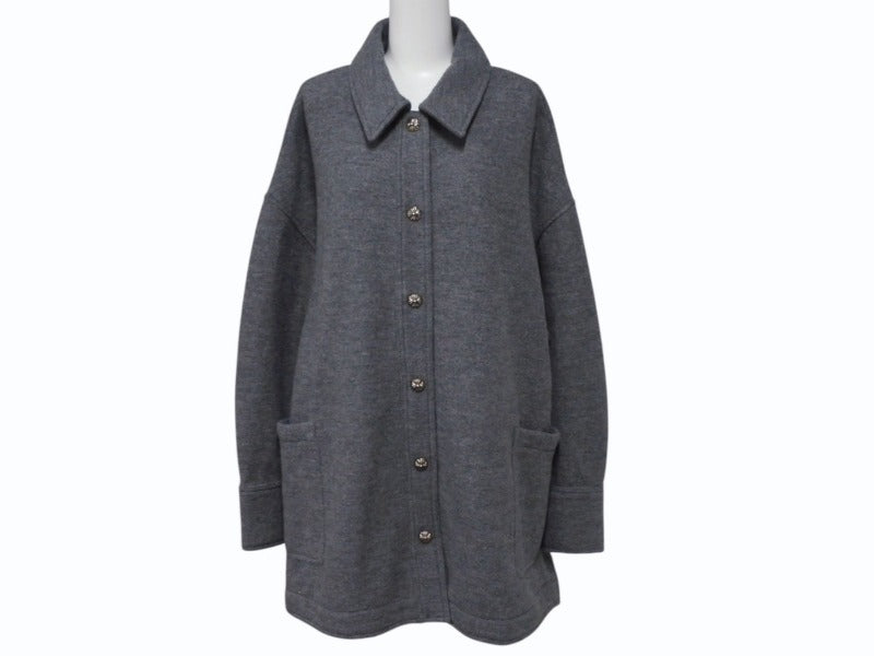 極美品 CHROME HEARTS クロムハーツ ROLA ローラ ウール長袖シャツ サイズM クロスボールボタン シルバー925 グレー 中古 4b004595