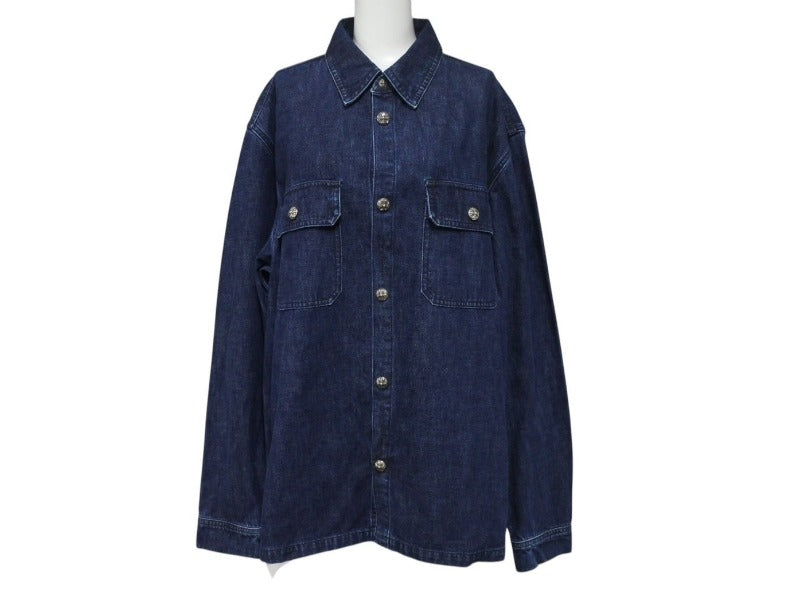 極美品 CHROME HEARTS クロムハーツ WORK DOG ワークドッグ デニム長袖シャツ サイズXL クロスボール インディゴブルー 中古 4b004596