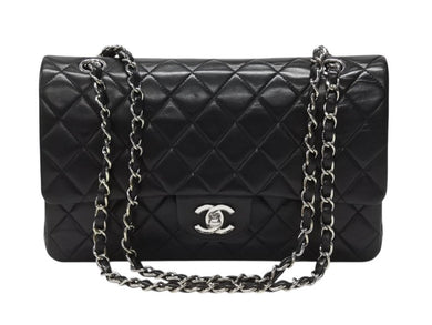 極美品 CHANEL シャネル ココマーク チェーンショルダーバッグ Wフラップ 25 7番台 ブラック レザー シルバー金具 中古 4b004619