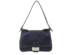 FENDI フェンディ ショルダーバッグ マンマバケット メタルバックル キャンバス ネイビーシルバー金具 美品 中古 4b004696