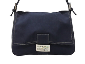 FENDI フェンディ ショルダーバッグ マンマバケット メタルバックル キャンバス ネイビーシルバー金具 美品 中古 4b004696