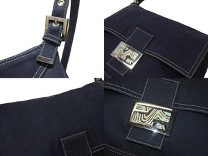 FENDI フェンディ ショルダーバッグ マンマバケット メタルバックル キャンバス ネイビーシルバー金具 美品 中古 4b004696