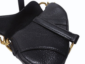 極美品 Christian Dior クリスチャンディオール マイクロハンドバッグ サドルバッグ Dチャーム ヴィンテージ 型押し レザー ブラック 中古 4b004702