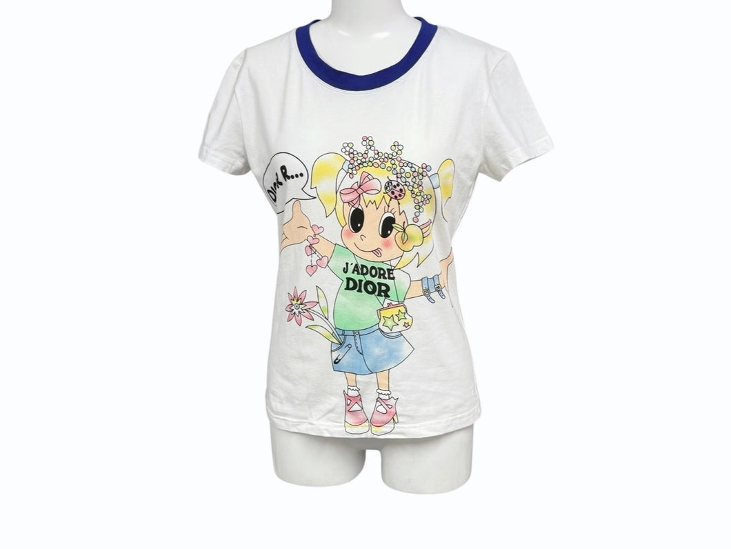 極美品 Christian Dior クリスチャンディオール J'ADORE ジャドール リンガーTシャツ 4E16155594 サイズ42 ホワイト ブルー 中古 4b004716