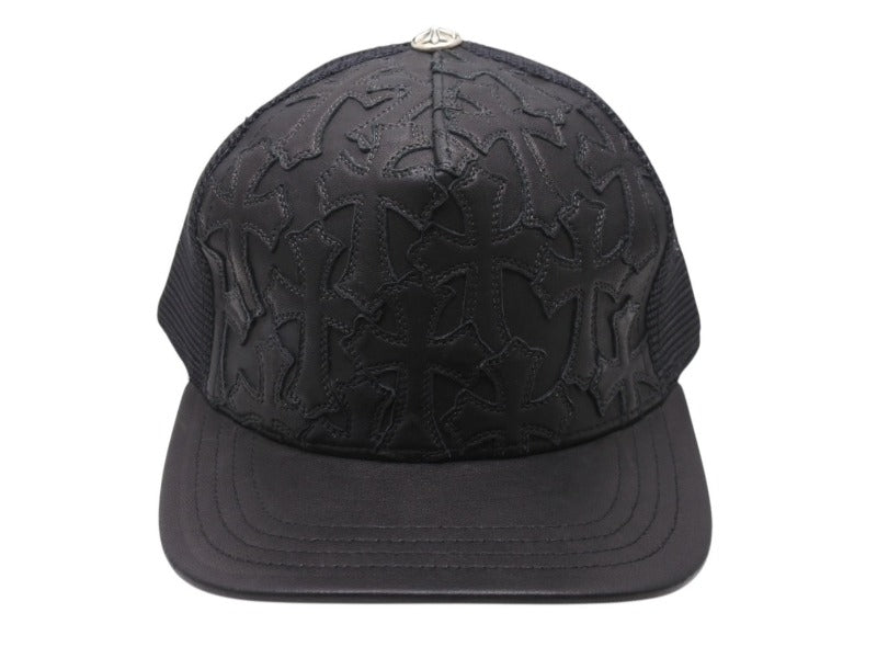 CHROME HEARTS クロムハーツ セメタリークロスパッチ トラッカーキャップ ONE SIZE レザー シルバー925 ブラック 美品 中古 4b004734