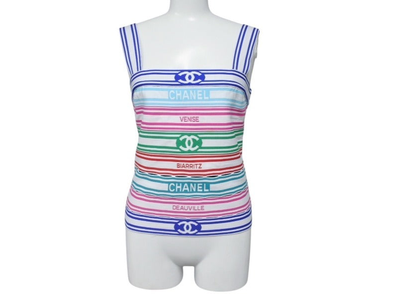 極美品 CHANEL シャネル キャミソール トップス ボーダー P60705K46404 フランス製 ポリアミド マルチカラー サイズ34 中古 4b004757