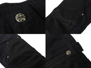 極美品 CHROME HEARTS クロムハーツ ダブルニーパンツ サイズ25 CHクロスレザーパッチ シルバー925 ブラック 中古 4b004761