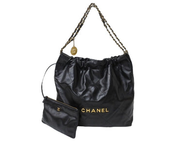 極美品 CHANEL シャネル 22 ハンドバッグ ショルダーバッグ ランダム番台 シャイニーカーフスキン ブラック ゴールド金具 中古 4b004767