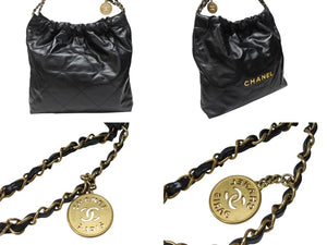 極美品 CHANEL シャネル 22 ハンドバッグ ショルダーバッグ ランダム番台 シャイニーカーフスキン ブラック ゴールド金具 中古 4b004767