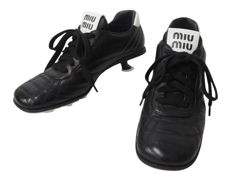MIU MIU ミュウミュウ 21SS Heel Leather Sneaker ヒールレザースニーカー ミッドヒール ナッパレザー ブラック サイズ37 1/2 美品 中古 4b004772