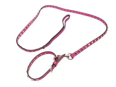 VALENTINO GARAVANI ヴァレンティノ ガラヴァーニ スタッズ 犬用リード&首輪セット レザー ピンク 首輪サイズM 美品 中古 4b004775