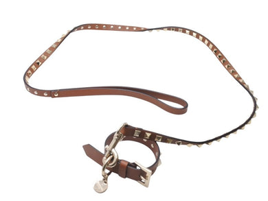 VALENTINO GARAVANI ヴァレンティノ ガラヴァーニ スタッズ 犬用リード&首輪セット レザー ブラウン 首輪サイズS 美品 中古 4b004776