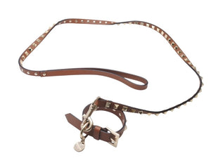 VALENTINO GARAVANI ヴァレンティノ ガラヴァーニ スタッズ 犬用リード&首輪セット レザー ブラウン 首輪サイズS 美品 中古 4b004776