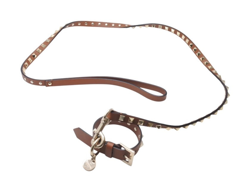 VALENTINO GARAVANI ヴァレンティノ ガラヴァーニ スタッズ 犬用リード&首輪セット レザー ブラウン 首輪サイズS 美品 中古 4b004776
