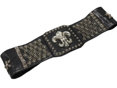 CHROME HEARTS クロムハーツ チャンピオンベルト 希少 BSフレア スター タイニークロス クロスボール ガスリンガー レザー シルバ−925 ブラック 美品 中古 4b004779