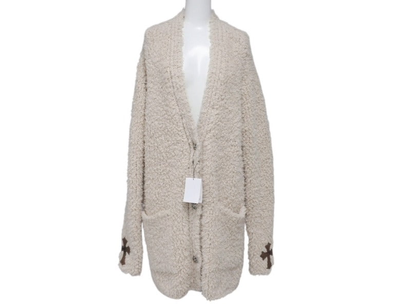 CHROME HEARTS クロムハーツ カシミヤ カーディガン サイズM CHクロスレザーパッチ クロスボールボタン ベージュ 美品 中古 4b004808